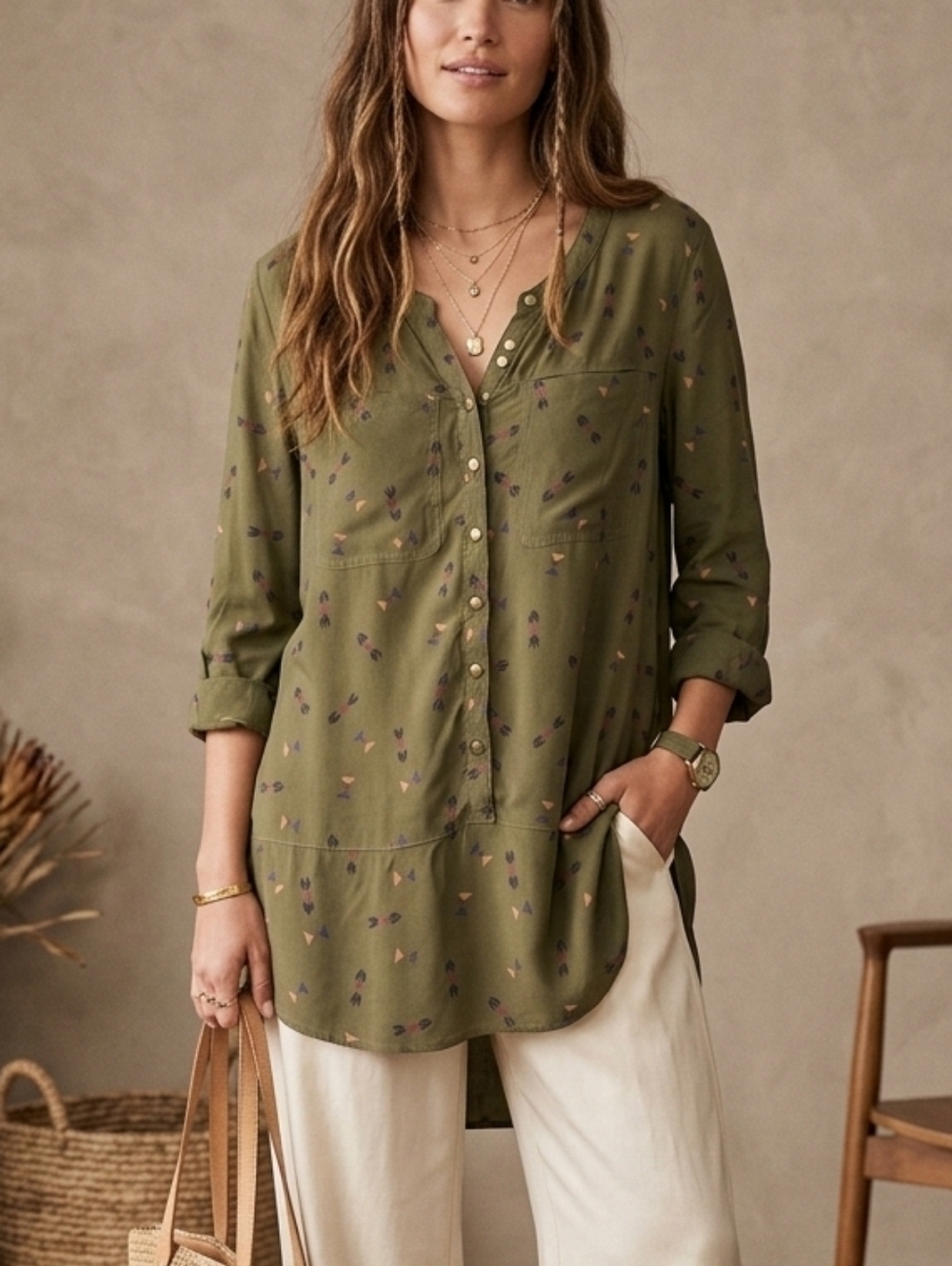 Source Unknown Boho Olive Green Printed Tunic Top Metallic Buttons  Size M